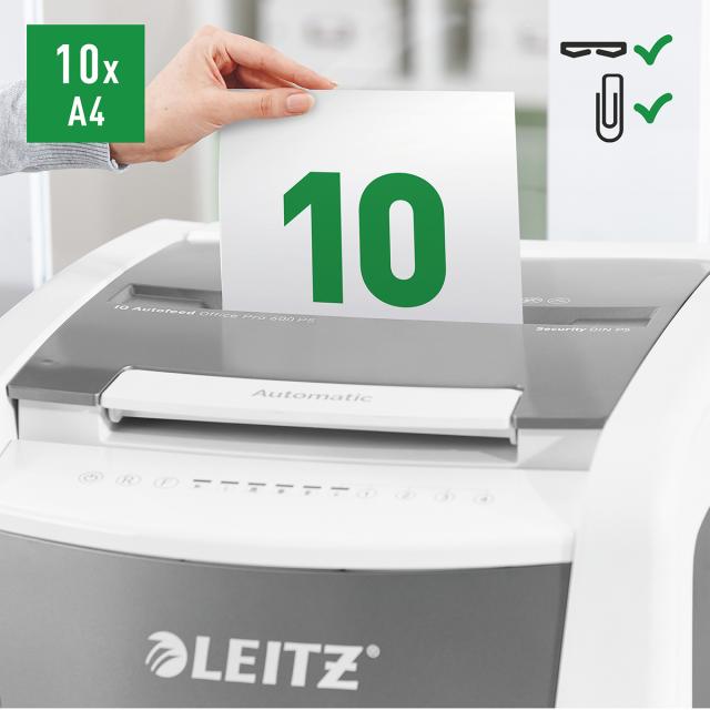 Distrugator documente automat Leitz IQ Office, P5, micro-cut (particule), 600 coli, cos 110l, alb-gri