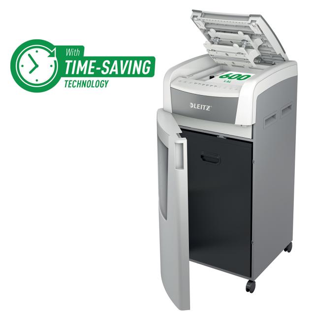 Distrugator documente automat Leitz IQ Office, P5, micro-cut (particule), 600 coli, cos 110l, alb-gri