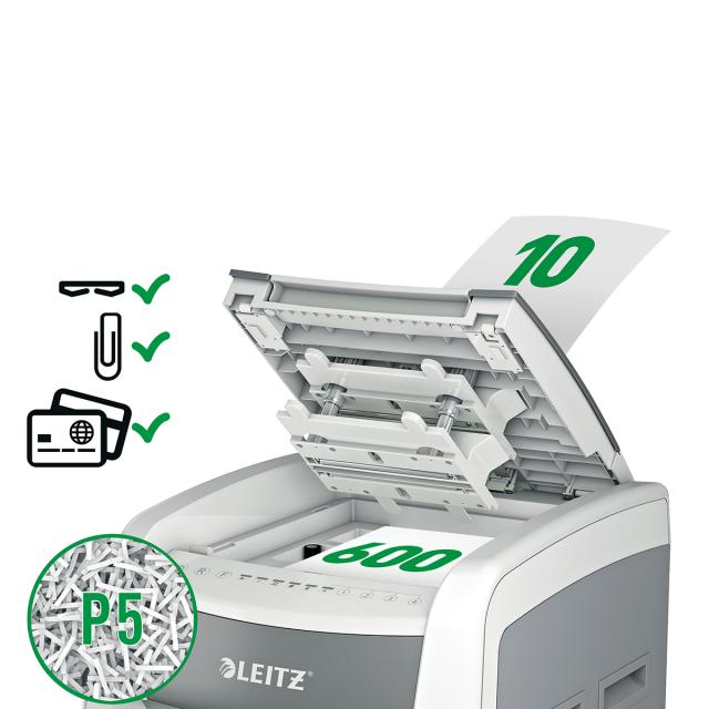Distrugator documente automat Leitz IQ Office, P5, micro-cut (particule), 600 coli, cos 110l, alb-gri
