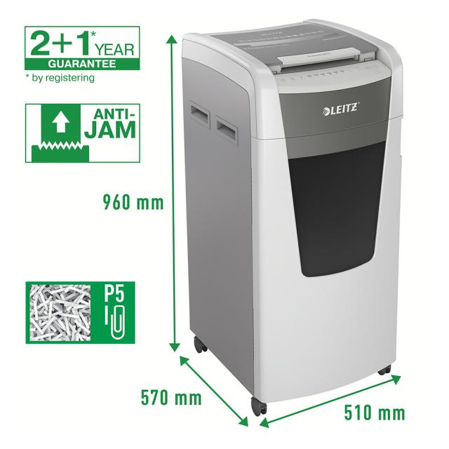 Distrugator documente automat Leitz IQ Office, P5, micro-cut (particule), 600 coli, cos 110l, alb-gri