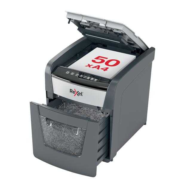 Distrugator documente automat REXEL OPTIMUM 50X, P4, cross-cut (confeti), 50 coli, cos 20l, negru-gri