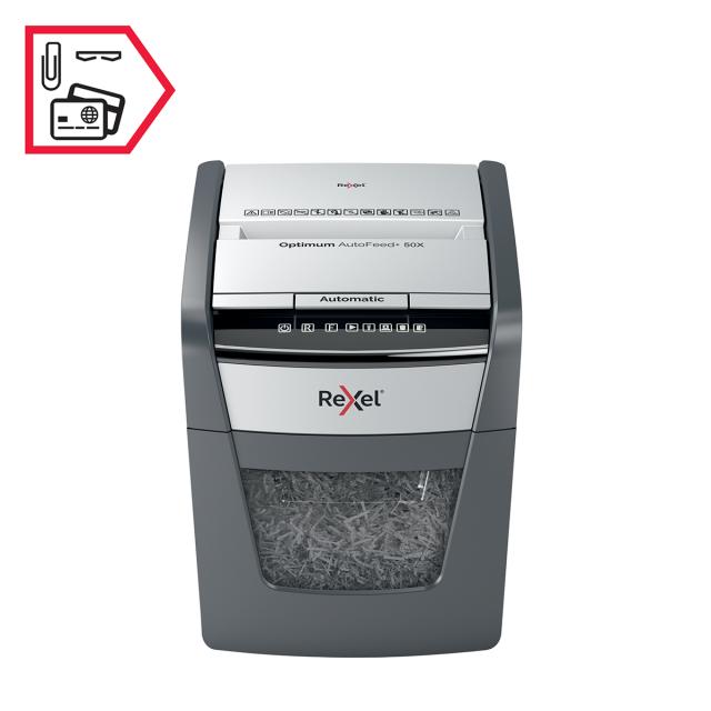 Distrugator documente automat REXEL OPTIMUM 50X, P4, cross-cut (confeti), 50 coli, cos 20l, negru-gri