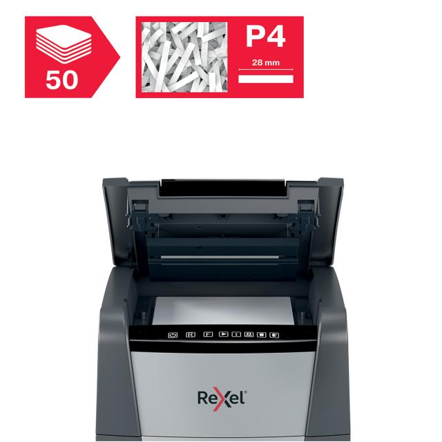 Distrugator documente automat REXEL OPTIMUM 50X, P4, cross-cut (confeti), 50 coli, cos 20l, negru-gri