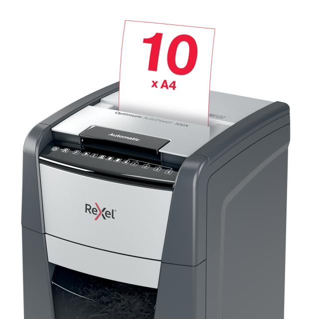 Distrugator documente automat REXEL OPTIMUM 300X, P4, cross-cut (confeti), 300 coli, cos 60l, negru-gri