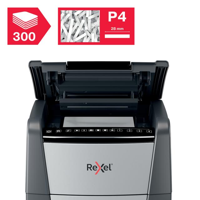 Distrugator documente automat REXEL OPTIMUM 300X, P4, cross-cut (confeti), 300 coli, cos 60l, negru-gri