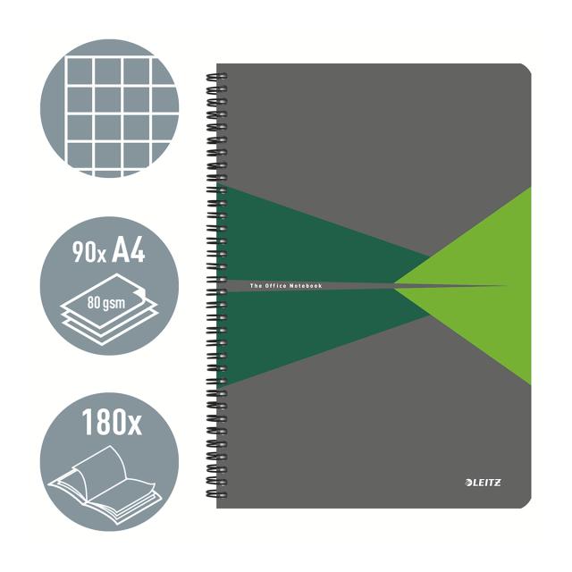 Caiet de birou Leitz Office, PP, A4, cu spira, matematica, verde