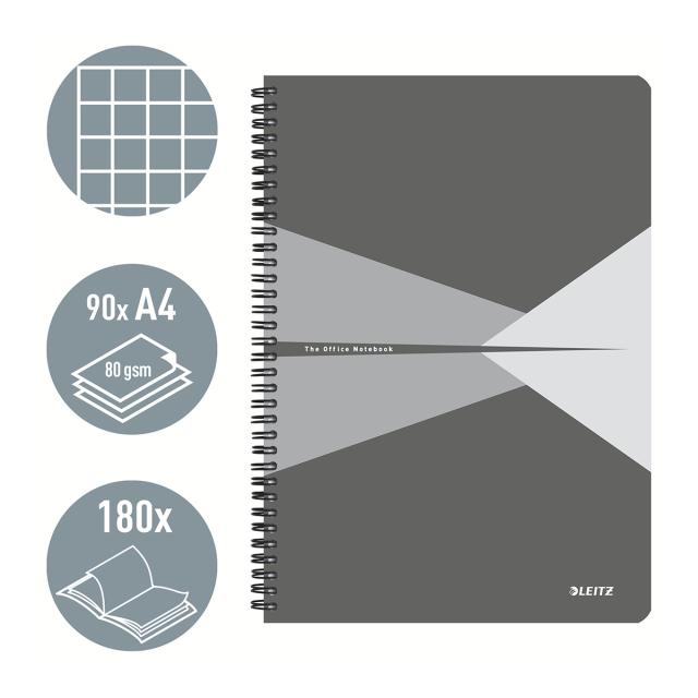 Caiet de birou Leitz Office, PP, A4, cu spira, matematica, gri