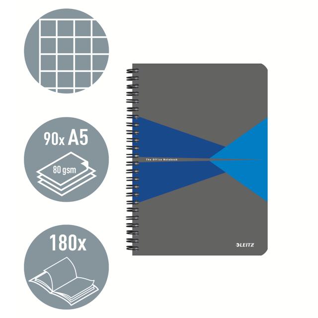 Caiet de birou Leitz Office, PP, A5, cu spira, matematica, albastru