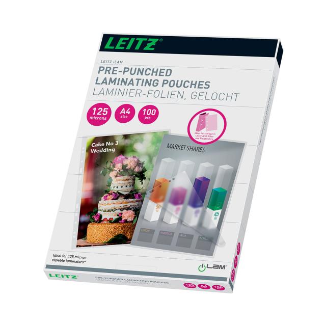 Folie laminare Leitz, la cald, pre-perforata, A4, 125 mic, 100 bucati/set