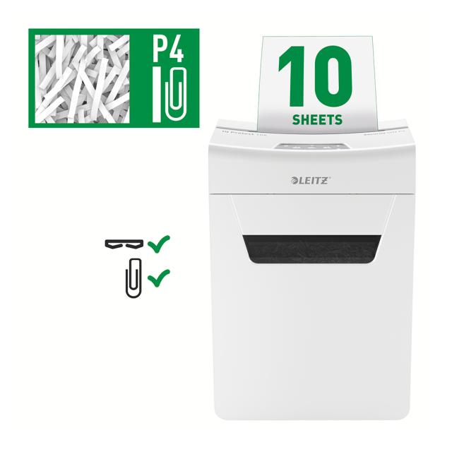 Distrugator documente manual Leitz IQ Protect 10X, P4, cross-cut (confeti), 10 coli, cos 18l, alb