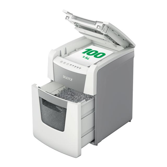Distrugator documente automat Leitz IQ Small Office, P5, micro-cut (particule), 100 coli, cos 34l, alb/gri