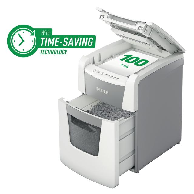 Distrugator documente automat Leitz IQ Small Office, P5, micro-cut (particule), 100 coli, cos 34l, alb/gri