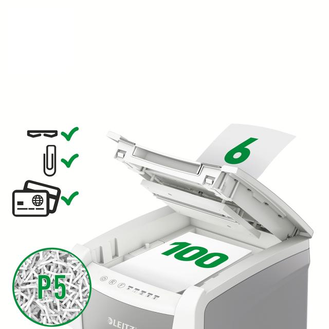 Distrugator documente automat Leitz IQ Small Office, P5, micro-cut (particule), 100 coli, cos 34l, alb/gri