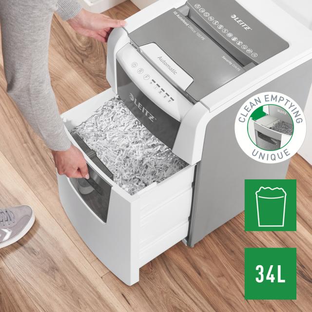 Distrugator documente automat Leitz IQ Small Office, P5, micro-cut (particule), 100 coli, cos 34l, alb/gri