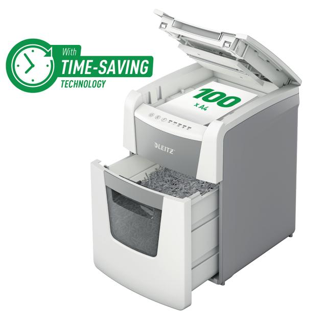 Distrugator documente automat Leitz IQ Small Office, P5, micro-cut (particule), 100 coli, cos 34l, alb/gri