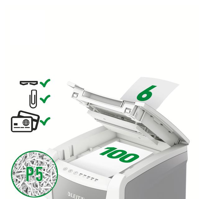 Distrugator documente automat Leitz IQ Small Office, P5, micro-cut (particule), 100 coli, cos 34l, alb/gri