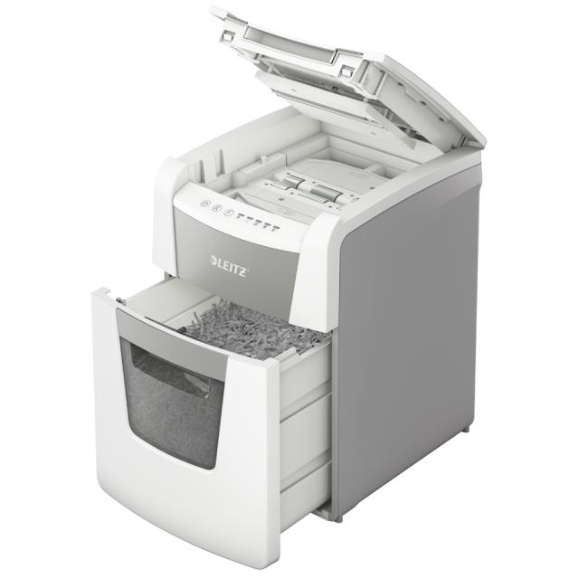 Distrugator documente automat Leitz IQ Small Office, P5, micro-cut (particule), 100 coli, cos 34l, alb/gri