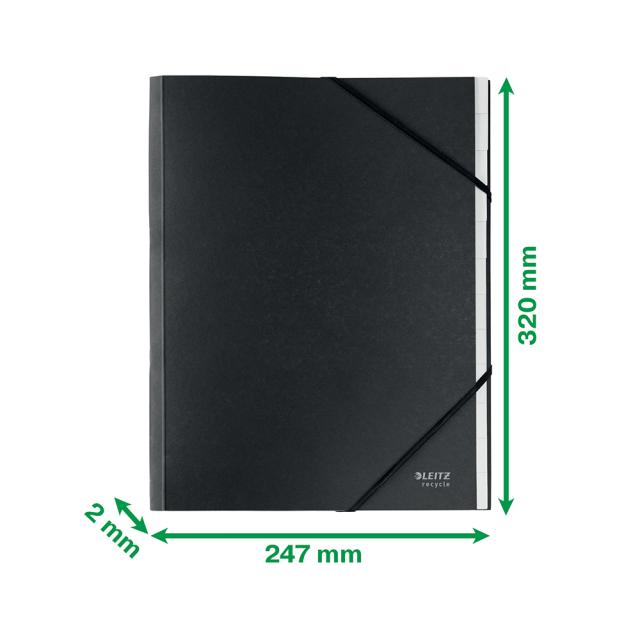 Mapa cu separatoare Leitz Recycle, carton, 100% reciclat, certificare Blue Angel, reciclabil, A4, 12 separatoare, negru