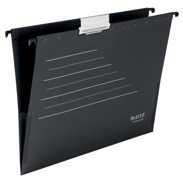 Dosar suspendabil Leitz Alpha Recycle, carton, 100% reciclat, certificare Blue Angel, reciclabil, A4, cu burduf, negru