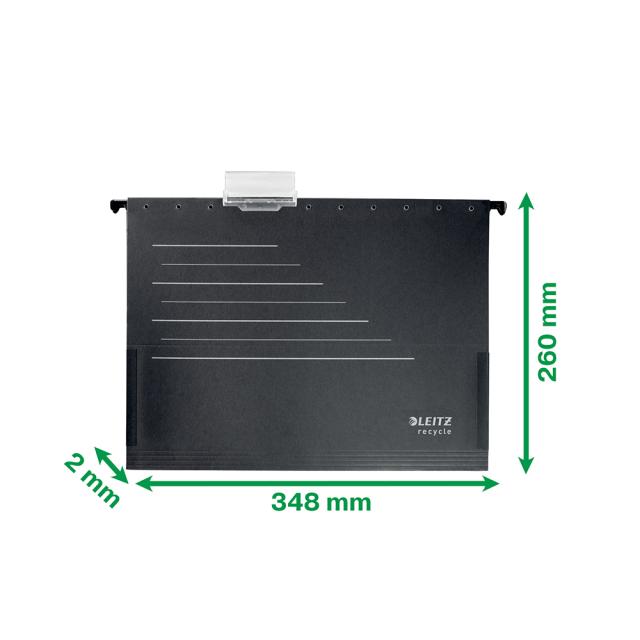Dosar suspendabil Leitz Alpha Recycle, carton, 100% reciclat, certificare Blue Angel, reciclabil, A4, cu burduf, negru