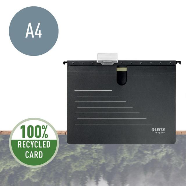 Dosar suspendabil Leitz Alpha Recycle, carton, 100% reciclat, certificare Blue Angel, reciclabil, A4, cu sina, negru