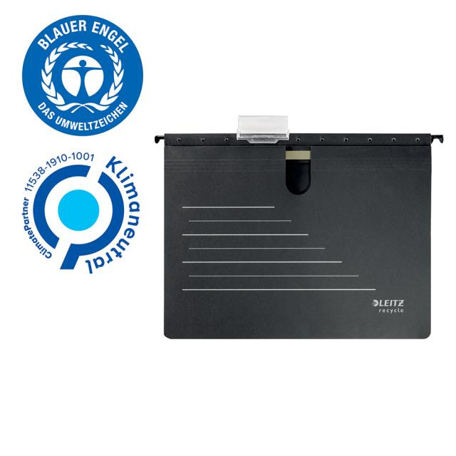 Dosar suspendabil Leitz Alpha Recycle, carton, 100% reciclat, certificare Blue Angel, reciclabil, A4, cu sina, negru