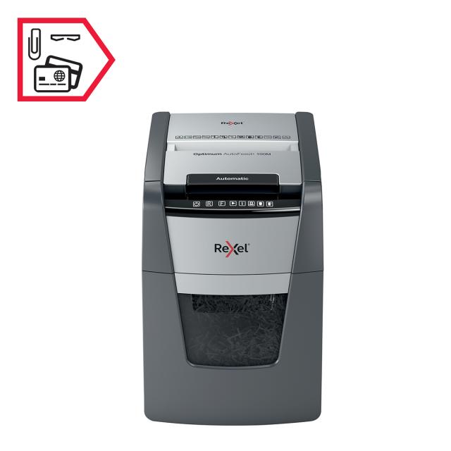 Distrugator documente automat REXEL OPTIMUM 100M, P5, micro-cut (particule), 100 coli, cos 34l, negru-gri