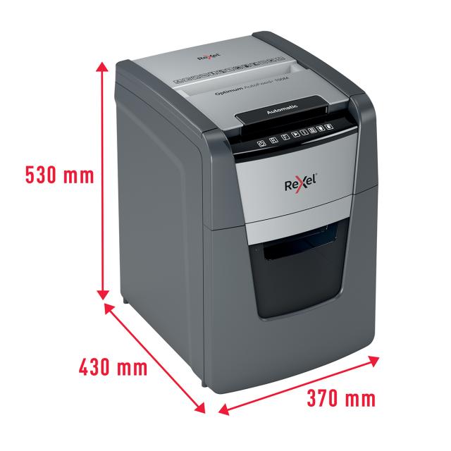 Distrugator documente automat REXEL OPTIMUM 100M, P5, micro-cut (particule), 100 coli, cos 34l, negru-gri