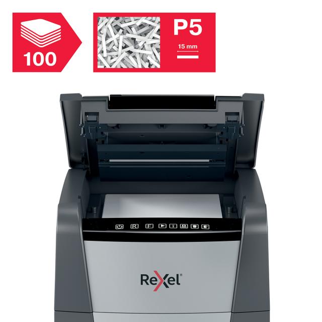 Distrugator documente automat REXEL OPTIMUM 100M, P5, micro-cut (particule), 100 coli, cos 34l, negru-gri