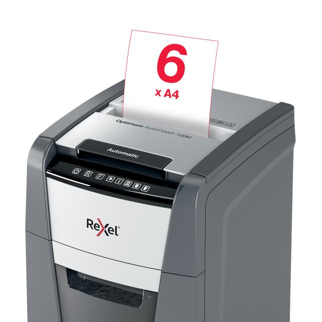 Distrugator documente automat REXEL OPTIMUM 100M, P5, micro-cut (particule), 100 coli, cos 34l, negru-gri