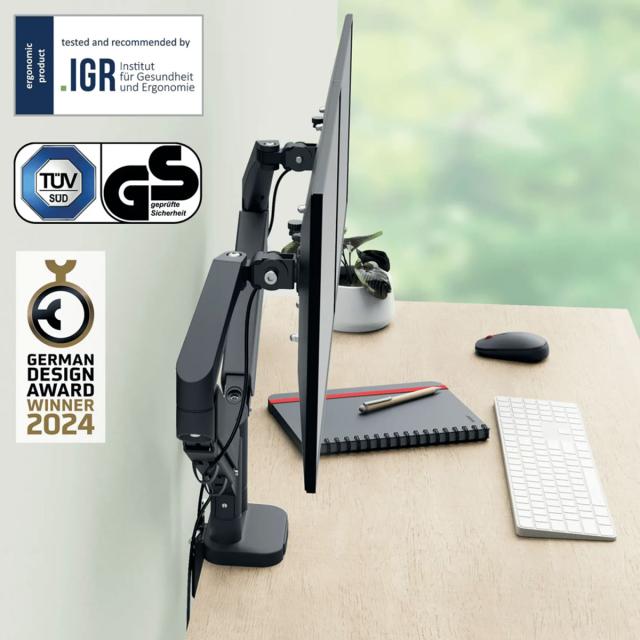 Suport pentru monitor Leitz Ergo, 2 brate ajustabile si extensibile, cu fixare pe birou, gri-deschis