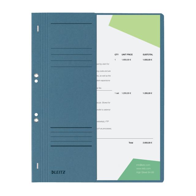 Dosar cu sina Leitz 1/2, carton, 100% reciclat, certificare Blue Angel, A4, cu capse, 170 coli, albastru