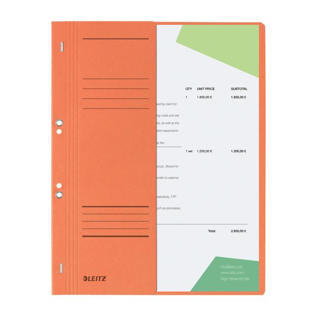 Dosar cu sina Leitz 1/2, carton, 100% reciclat, certificare Blue Angel, A4, cu capse, 170 coli, orange
