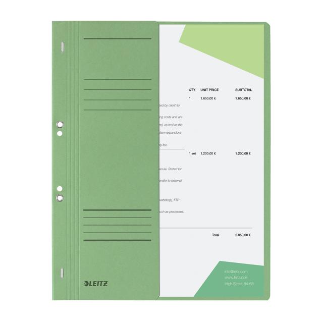 Dosar cu sina Leitz 1/2, carton, 100% reciclat, certificare Blue Angel, A4, cu capse, 170 coli, verde