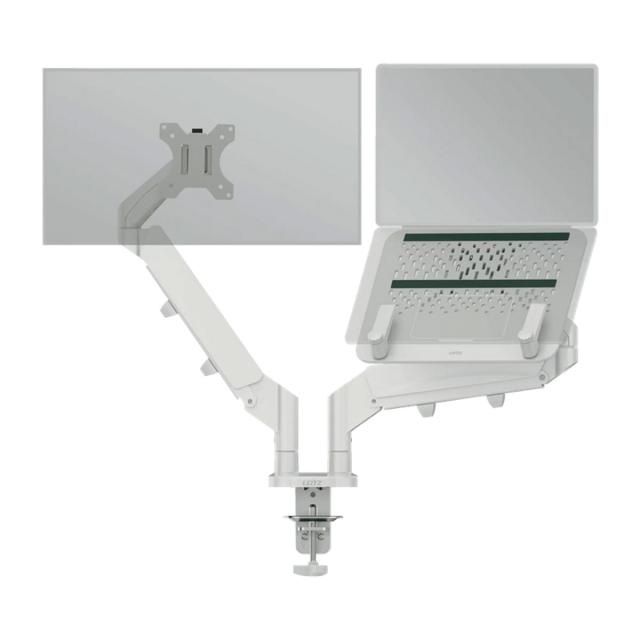 Suport pentru monitor Leitz Ergo, 2 brate ajustabile si extensibile, cu fixare pe birou, suport pentru laptop inclus, gri-deschis