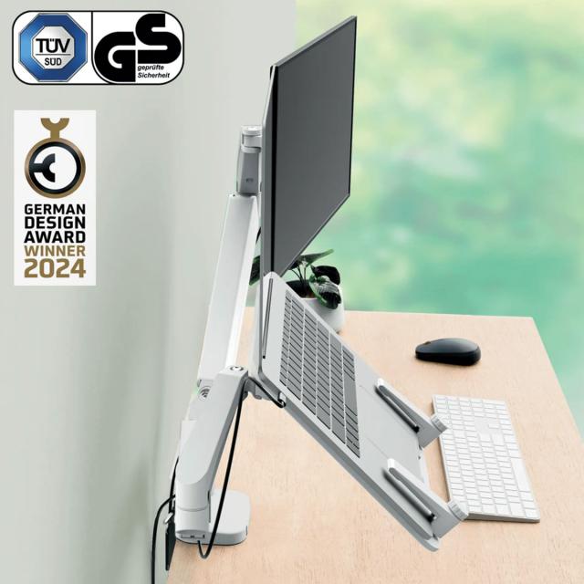 Suport pentru monitor Leitz Ergo, 2 brate ajustabile si extensibile, cu fixare pe birou, suport pentru laptop inclus, gri-deschis