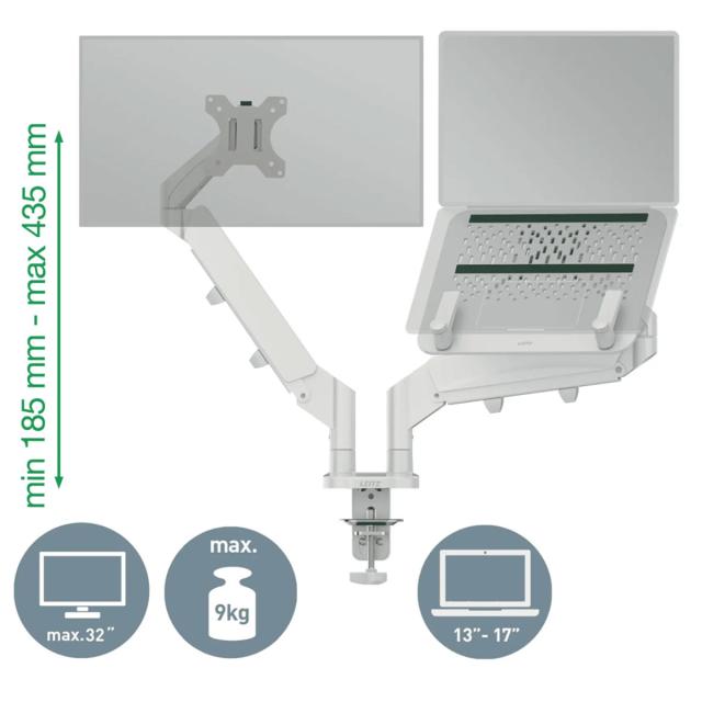 Suport pentru monitor Leitz Ergo, 2 brate ajustabile si extensibile, cu fixare pe birou, suport pentru laptop inclus, gri-deschis