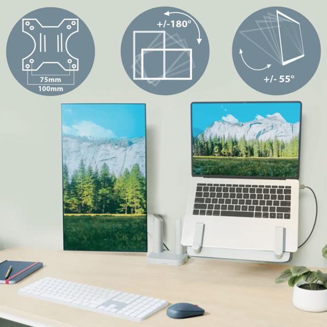 Suport pentru monitor Leitz Ergo, 2 brate ajustabile si extensibile, cu fixare pe birou, suport pentru laptop inclus, gri-deschis