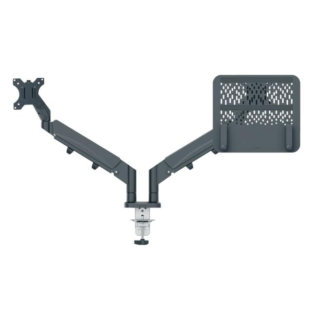 Suport pentru monitor Leitz Ergo, 2 brate ajustabile si extensibile, cu fixare pe birou, suport pentru laptop inclus, gri-carbune