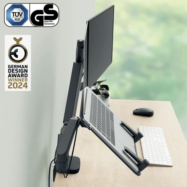 Suport pentru monitor Leitz Ergo, 2 brate ajustabile si extensibile, cu fixare pe birou, suport pentru laptop inclus, gri-carbune