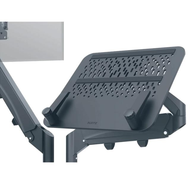Suport pentru monitor Leitz Ergo, 2 brate ajustabile si extensibile, cu fixare pe birou, suport pentru laptop inclus, gri-carbune