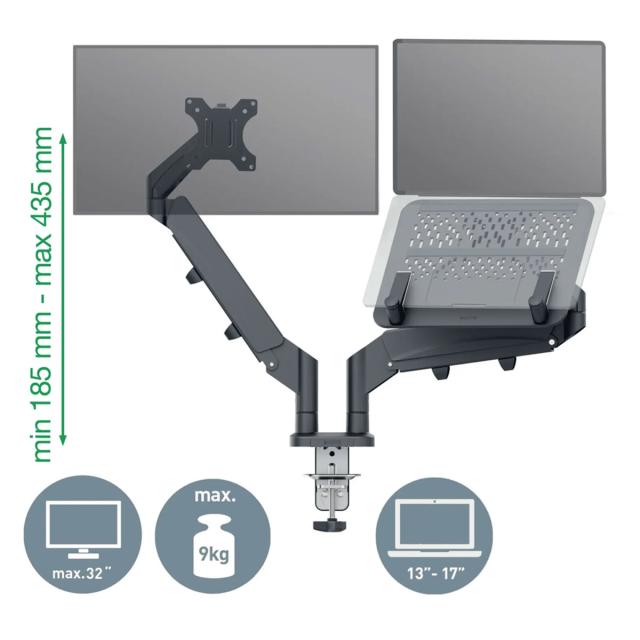 Suport pentru monitor Leitz Ergo, 2 brate ajustabile si extensibile, cu fixare pe birou, suport pentru laptop inclus, gri-carbune