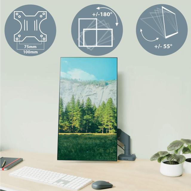 Suport pentru monitor Leitz Ergo, 2 brate ajustabile si extensibile, cu fixare pe birou, suport pentru laptop inclus, gri-carbune