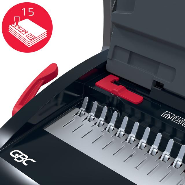 Masina de indosariat GBC CombBind CB15, manuala, cu spire din plastic, A4, 15/165 coli, negru-argintiu