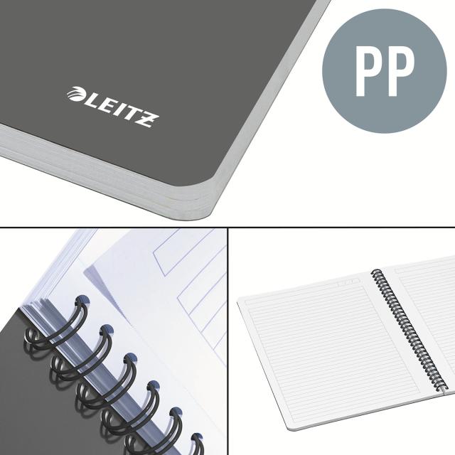 Caiet cu spira A5 Leitz Office, PP reciclabil FSC, 90f, dictando, verde