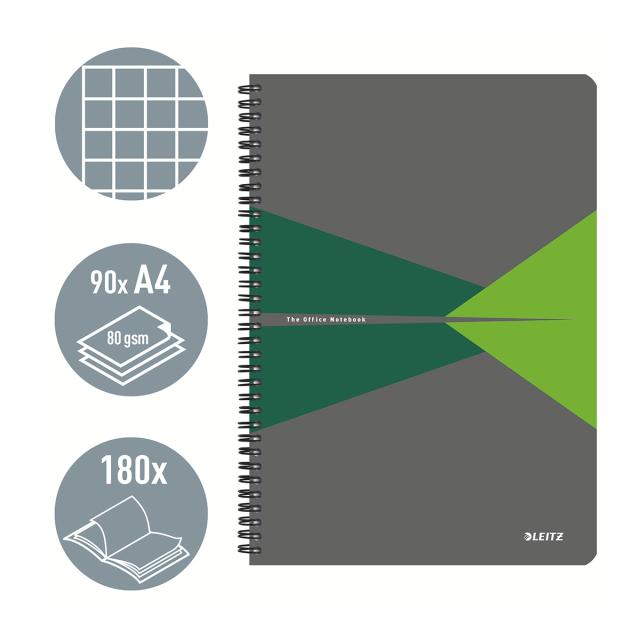 Caiet cu spira A4 Leitz Office, carton laminat FSC, 90f, matematica, verde