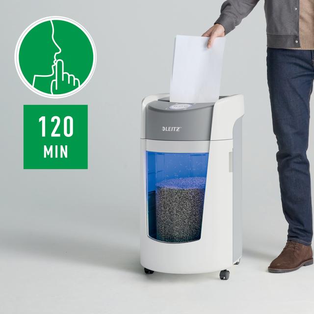 Distrugator documente manual Leitz OptiMax, P5, micro-cut, 10 coli, cos 35l, alb-gri