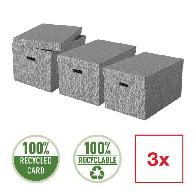 Cutie depozitare Esselte Home Recycled, carton reciclat si reciclabil, 510x355x305 mm, cu capac, 3 bucati/set, gri