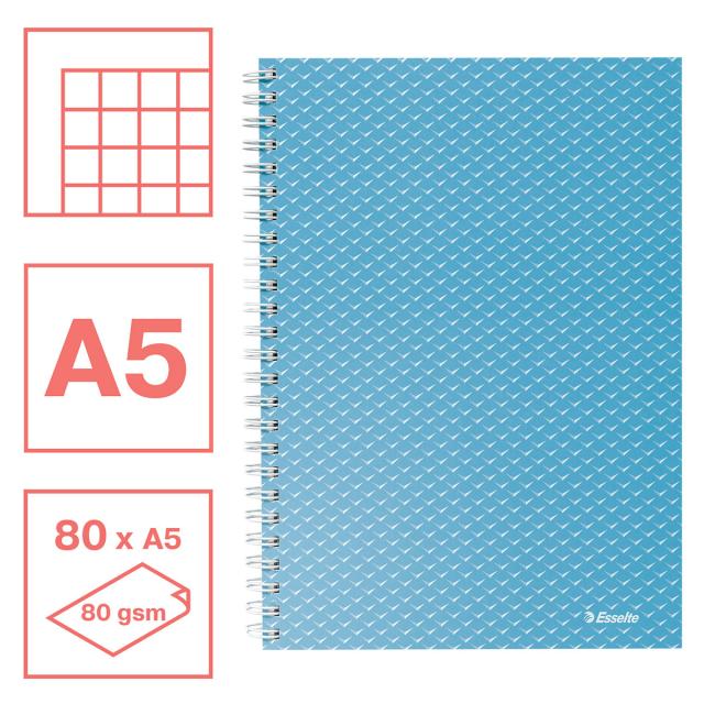 Caiet de birou Esselte Colour'Breeze, carton, reciclabil, certificare FSC, A5, 80 coli, cu spira, matematica, albastru 