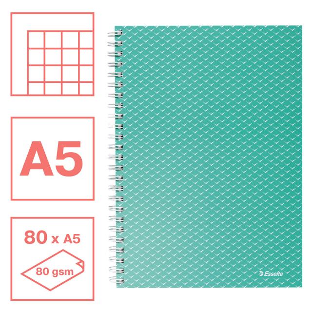 Caiet de birou Esselte Colour'Breeze, carton, reciclabil, certificare FSC, A5, 80 coli, cu spira, matematica, verde